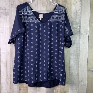 Truself Size 3X V-Neck Boho Short Cap Sleeve Blouse Navy Blue & White